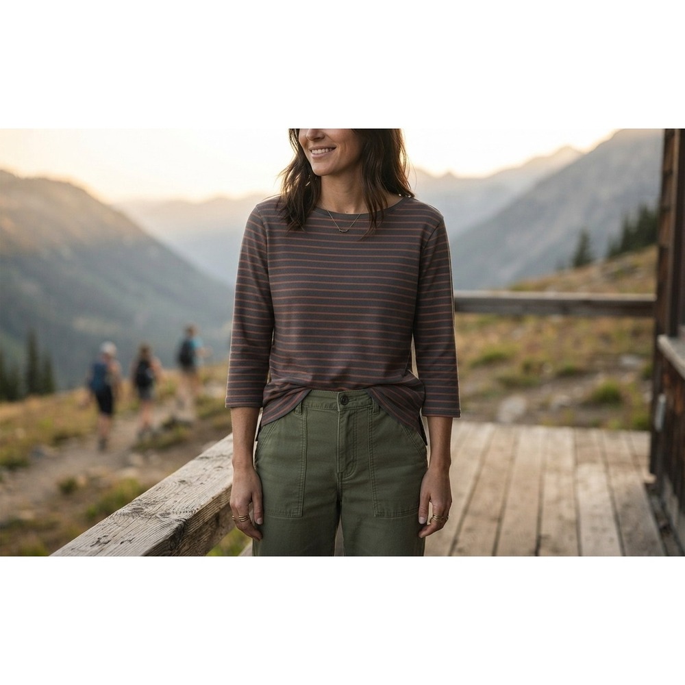Patagonia Misty Meadow Striped 3/4 Sleeve Organic Cotton Top Orange Gray Size M